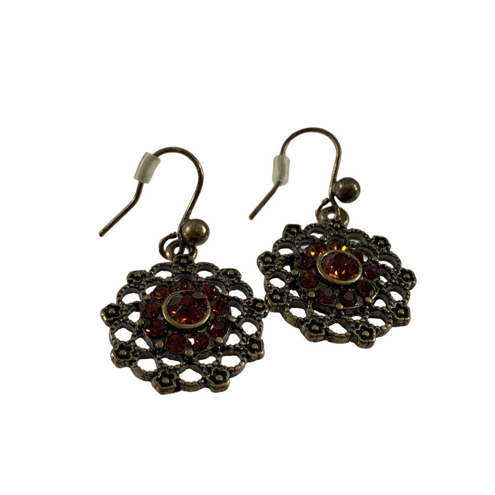 Rebecca Malone Earrings Dangle Red Rhinestones Metal Circle Ornate Filigree
